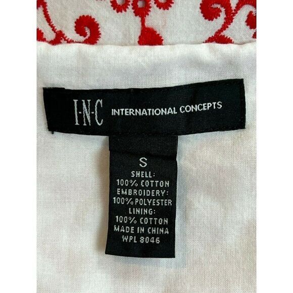 INC Cotton Top Small Red White Womens Embroidery Floral Bell Sleeve Off Shoulder - Picture 5 of 5